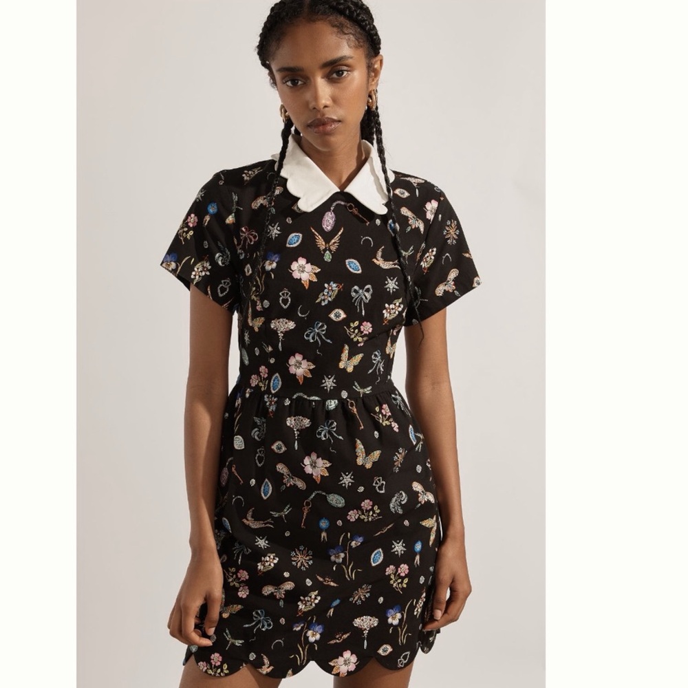 Anthropologie Black Floral Butterfly Collared Mini Dress